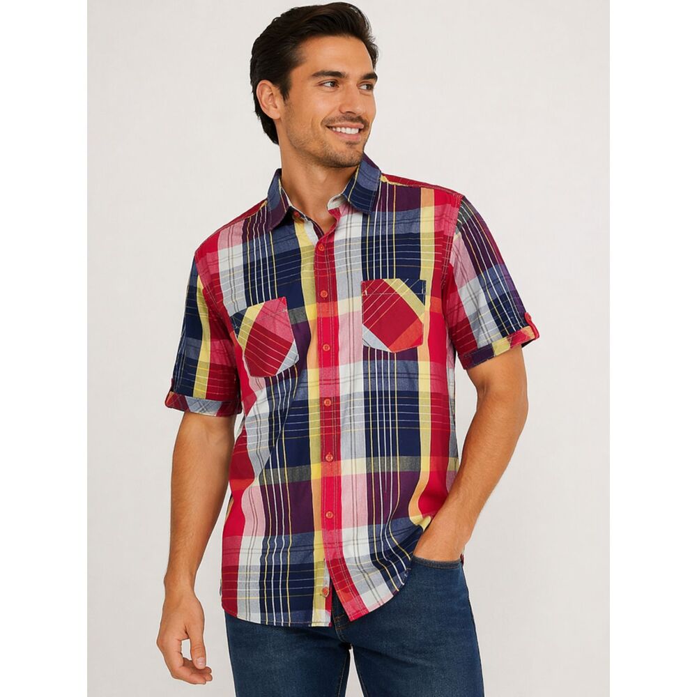Giotto Di Bone Men’s Multicolor Plaid Short Sleeve Button-Down Shirt – Size L